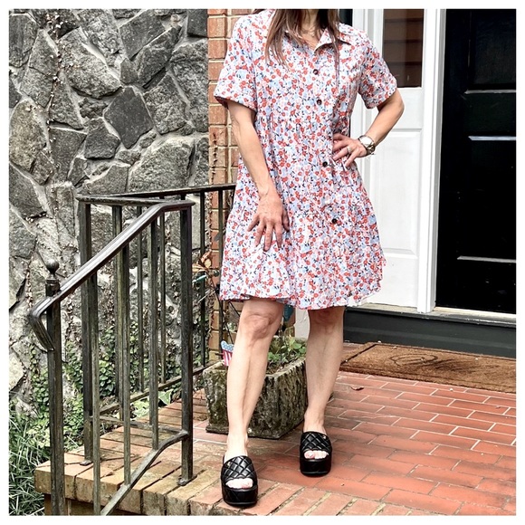 46 Boho Basic Collared Floral Short Sleeve Tiered Dress - Picture 2 of 10